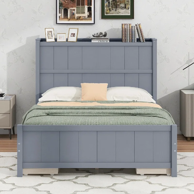 bed with built-in nightstands for convenience-Gray Full Size Platform Bed with Drawers and Storage Shelves