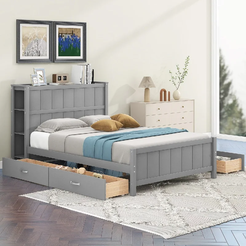 bed with built-in features for convenience-Gray Full Size Platform Panel Bed with 4 Drawers Platform Wood Slat Bookcase Storage Bed, Grounded Low Bed, No Box Spring Need