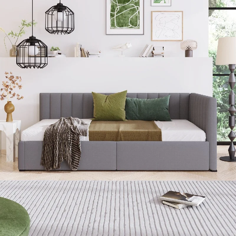 luxurious bed with custom-built mattress-Gray Upholstered Daybed with 2 Storage Drawers, Twin Size Daybed with Wood Slats, Linen Fabric Sofa Bed Frame for Living Room