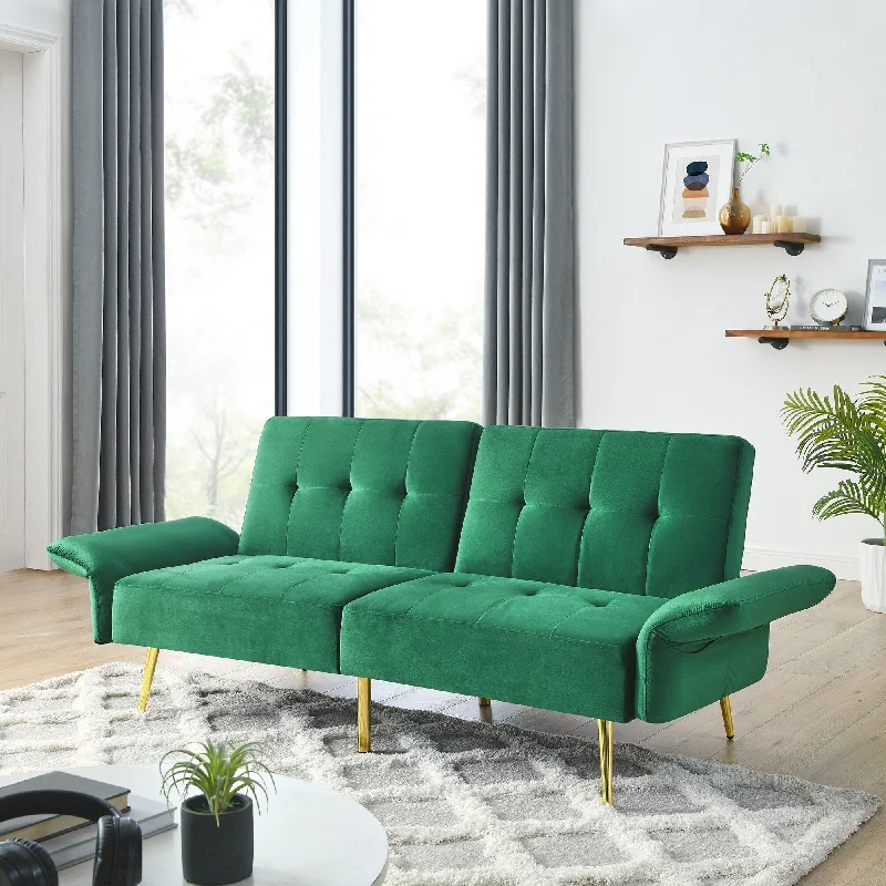 sofa with side table attachments -Green 78" Velvet Convertible Futon Sleeper Loveseat