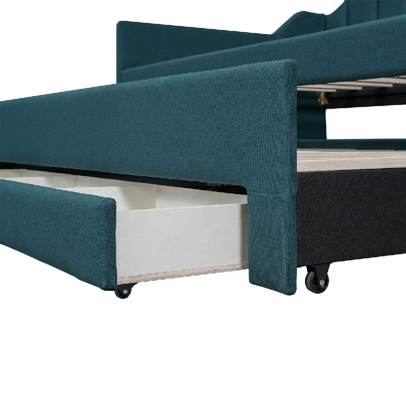 bed with luxurious satin finish for sophisticated look-Green Twin Size Upholstered Daybed with Trundle and 3 Storage Drawers