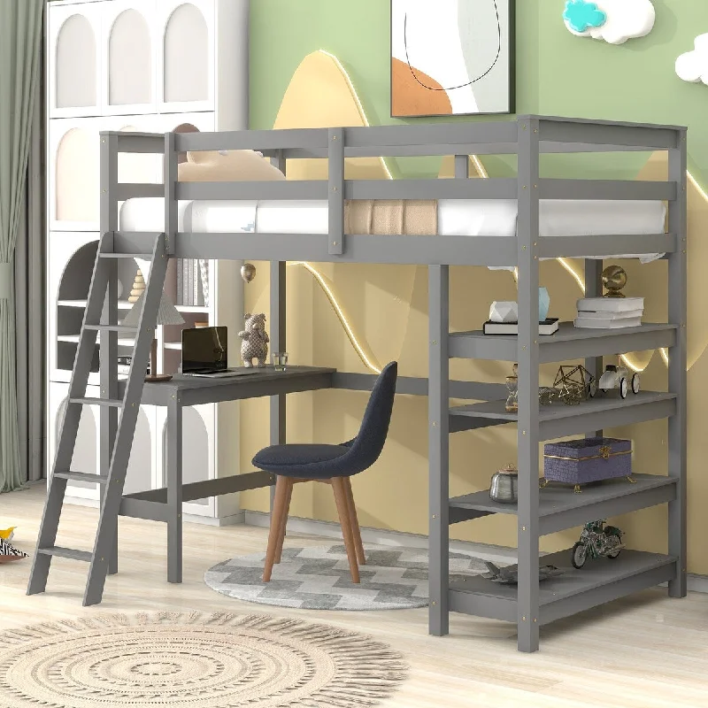 sturdy bunk bed with heavy-duty frame-Grey Loft Storage Bed Twin Size with Ladder and Full-Length Guardrail