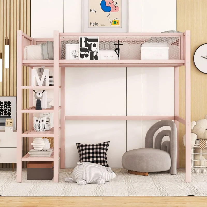 contemporary bed with unique design-Heavy Duty Metal Loft Bed Frame for Dorm with 4-Tier Storage Shelves, Ladders & Safety Guard Rail, Storage Platform Bed, Pink