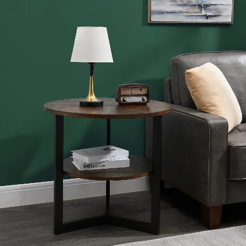 small sectional sofa for cozy homes -Large End Table with Storage Shelf Rustic Circular Sofa Side Table with Black Metal Legs Solid Wood Nightstand Telephone Table