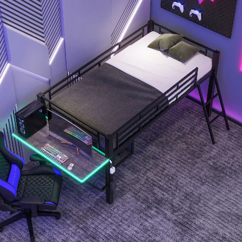 stylish bed with built-in nightstands-LED Loft Bed Twin Size with Desk and Ladder, Gaming Metal Bed