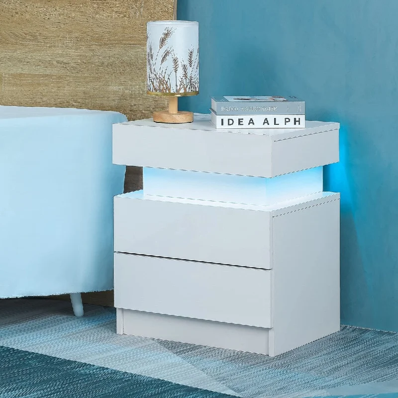 bed with soft woolen bedding for winter warmth-LED Nightstand for Bedroom, Modern High Gloss Wood 2 Drawers White Nightstand Bedside Table End Table