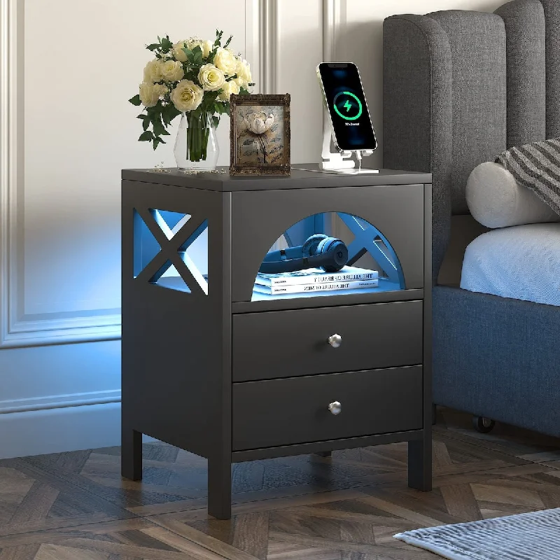 sofa with built-in reclining features -LED Nightstand with Charging Station and LED Lights, Modern End Side Table Beside Sofa Table with with USB Charging Ports