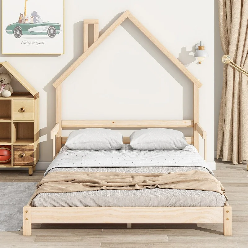 space-saving bed with foldable feature-Natural Full Size Wood Floor Bed with House Headboard, Platform Bed Frame with Handrails and Slats, No Box Spring Required