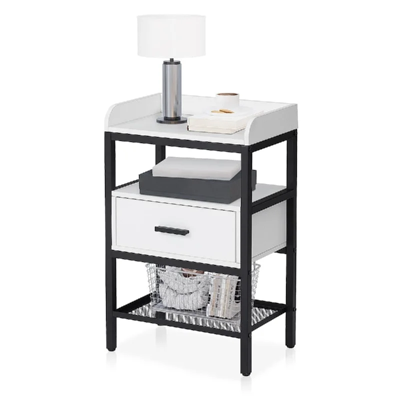 sleek metal bed with polished finish-Nightstand, 3 Tier End Table with Drawer and Storage Shelf, Industrial Bedside Table with Adjustable Feet,