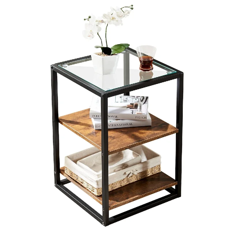 sturdy bed for heavy person-Nightstand End Side Table, Modern Bedside Table with Glass Top and Storage Shelf, 3-Tier Wooden Night Stands Tall Accent Table