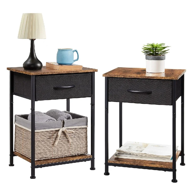 space-saving bed for tiny apartments-Nightstands Set of 2, Bedside Table End Table for Bedroom Nursery Living Room - Removable Fabric Drawer, Open Storage Shelf,