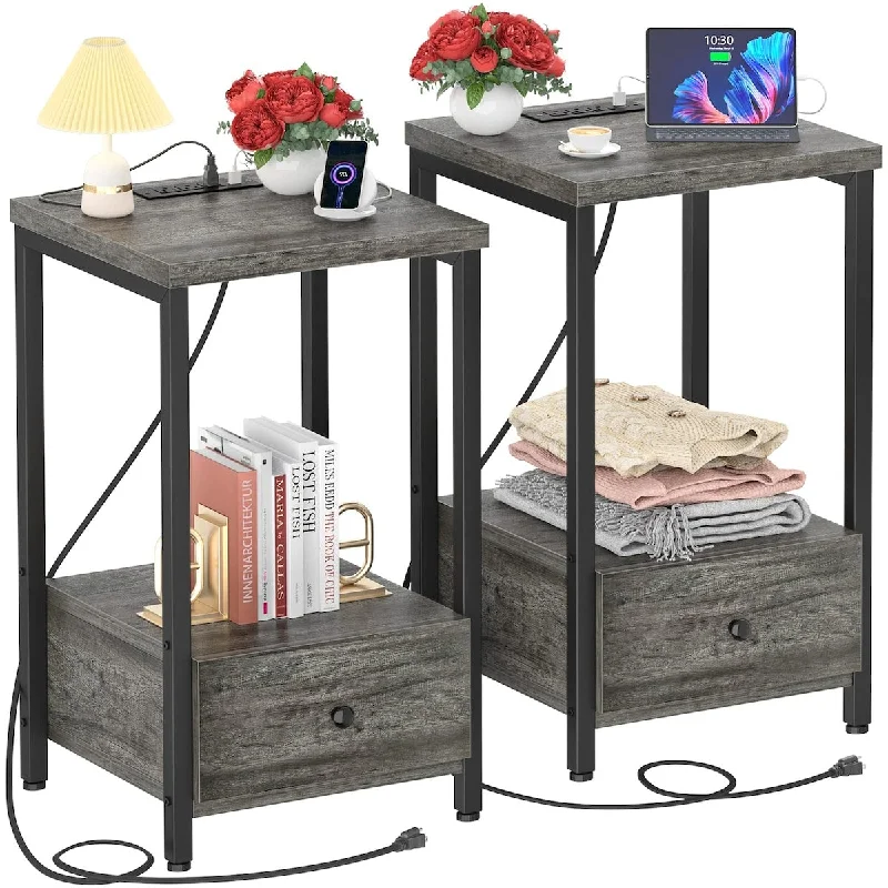 bed with extra storage for linens-Nightstands Set of 2 with Charging Station, Modern Night Stand Bedside Table with Storage Drawer and Shelf, End Side Table