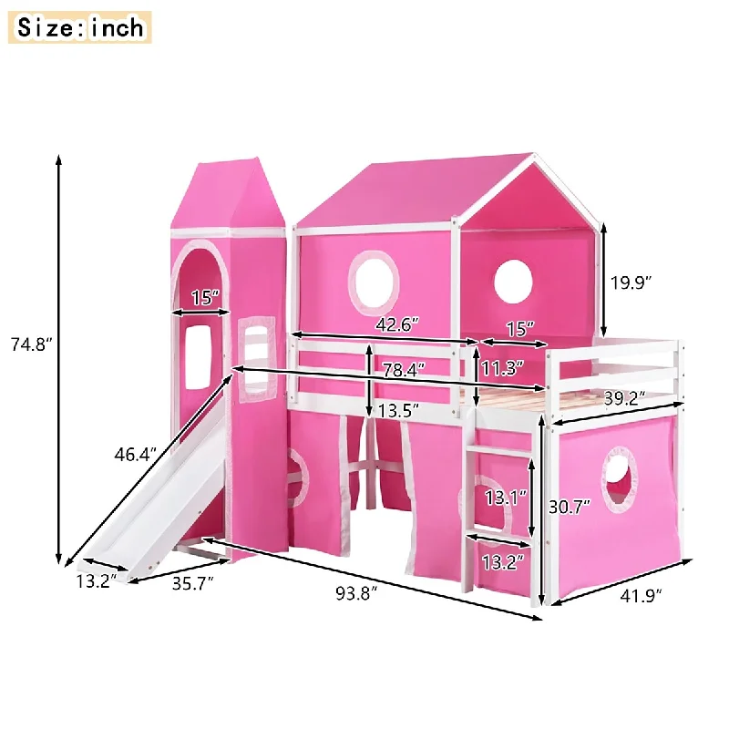 child’s bed with safety rails for added security-Pink Kids House Loft Bed with Slide and Tent, Tower and Ladder