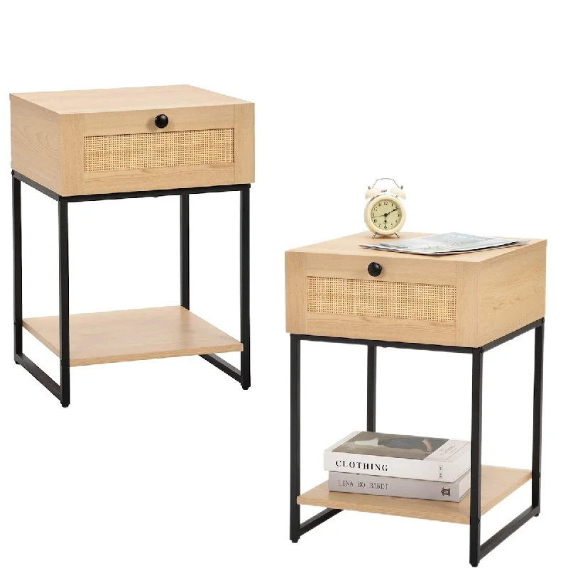 bed with soft-touch microfiber sheets-Rattan Bedside Tables Set of 2, Wooden Nightstand with Drawer, Mid Century Modern Light Wood Nightstands Small End Table