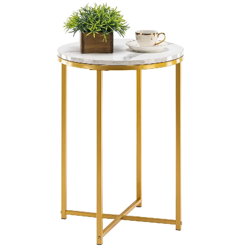 Scandinavian-style fabric sofa -Round End Table, Faux Marble Sofa Table, Accent Side Table with Metal Frame, Modern Gold Nightstand, Tall Coffee Table