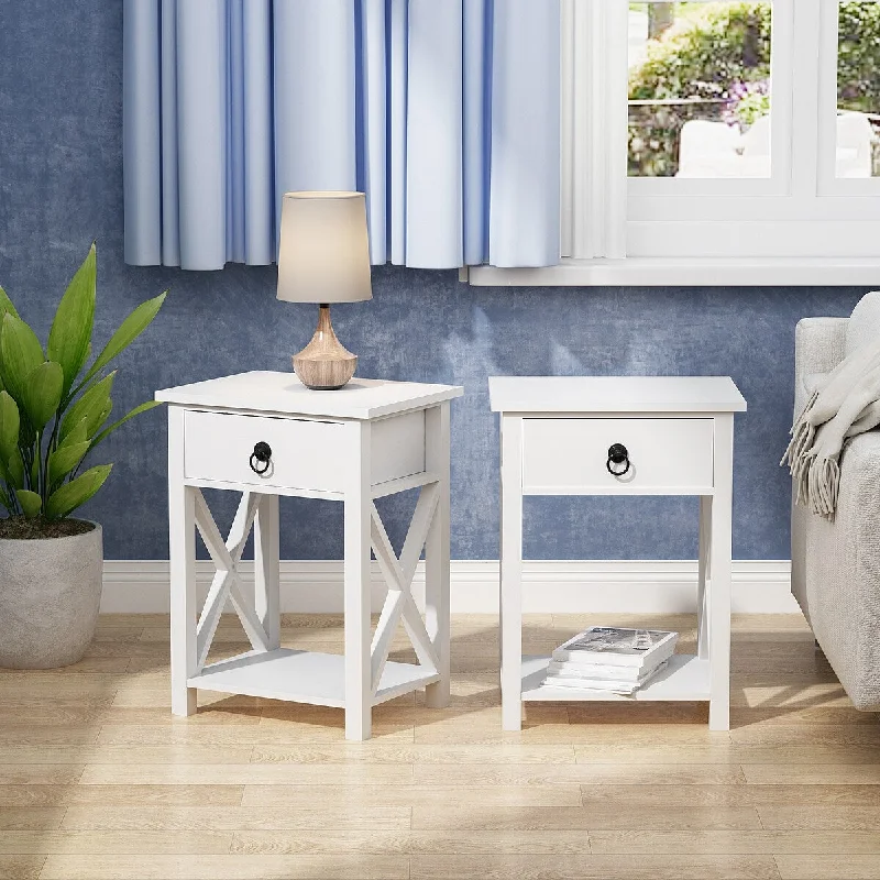 comfortable bed with plush top layer-Set of Two White X-Shaped Single Drawer Bedside Tables - Modern Minimalist Style, Perfect for Any Room