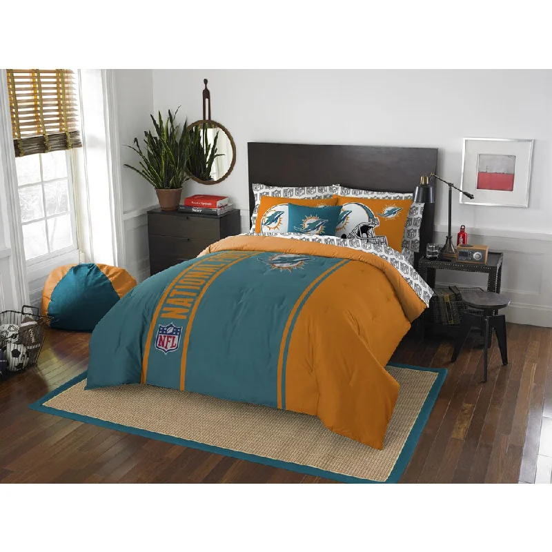 contemporary bed with glossy wood finish-The Northwest Company NFL Miami Dolphins Full 7-piece Bed in a Bag with Sheet Set