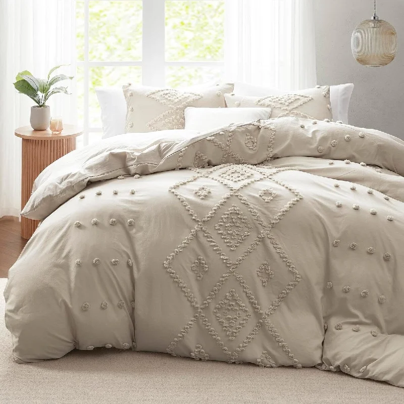 bed with adjustable firmness for personalized comfort-Tufted Duvet Cover Queen Size, Soft and Lightweight Duvet Covers Set , 3 Pieces Boho Embroidery Shabby Chic Bedding Set