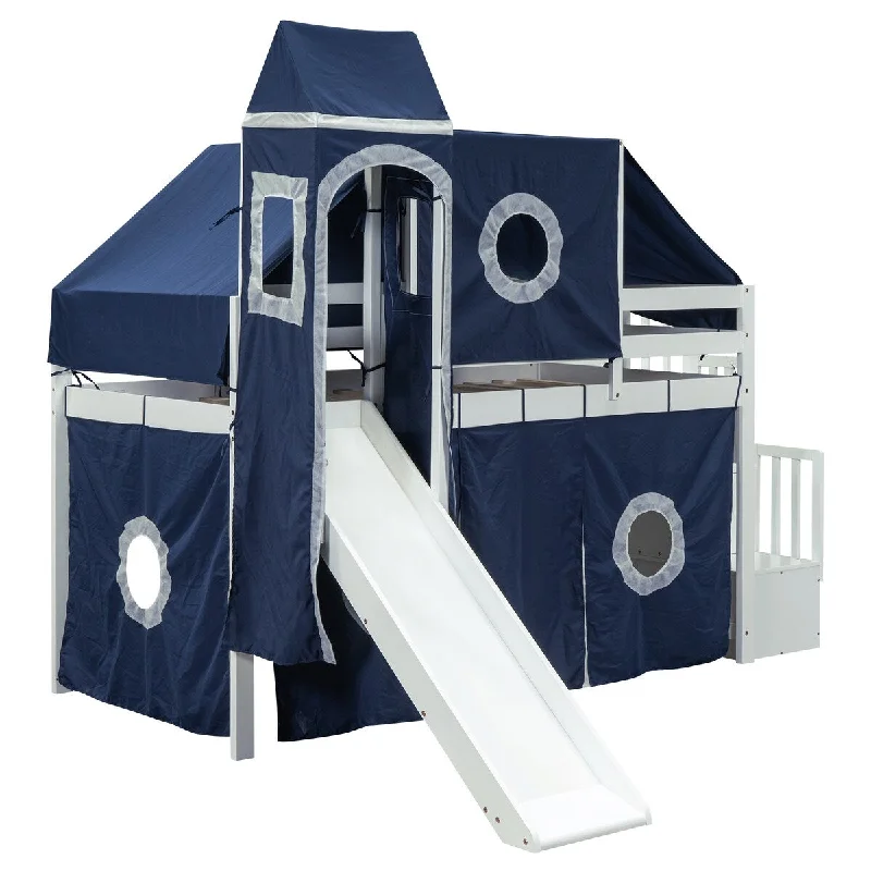 bed with extra comfort for deeper sleep-Twin Loft Castle Bed w/ Slide and Tent House Loft Bed w/ Ladder, Gray