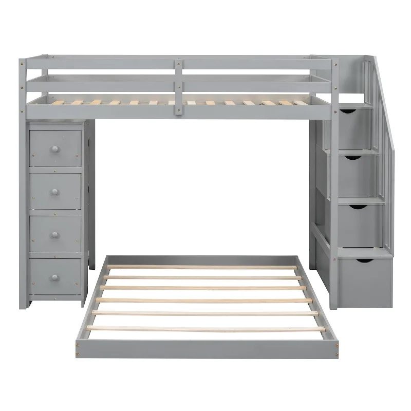 sturdy bed frame with simple construction-Twin Over Full Bunk Bed w/ 3-layer Shelves, Drawers and Storage Stairs