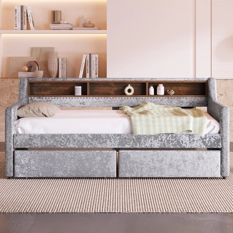 bed with built-in storage underneath-Twin Size Daybed with 2 Storage Drawers, Snowflake pattern Velvet Twin Daybed Frame with Sofa Bed Built-in Storage Shelves, Gray