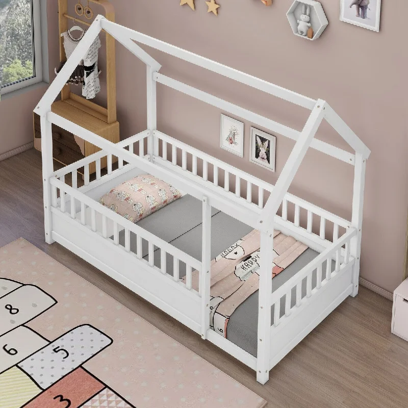 bed with deep storage drawers under-Twin Size House Bed Floor Bed w/ Roof Montessori Bed/ Playhouse Bed