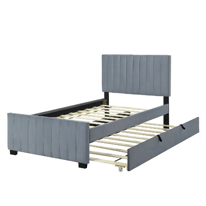 bed with padded sides for extra comfort-Twin Size Upholstered Platform Bed with 2 Drawers and Twin Size Trundle, Velvet Fabric Platform Bed with Tufted Headboard, Gray