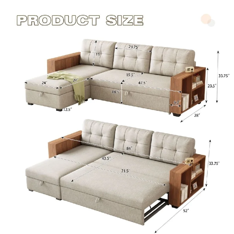 stylish sectional sofa with chaise -Upholstered Pull Out Sectional Sofa with Storage Chaise