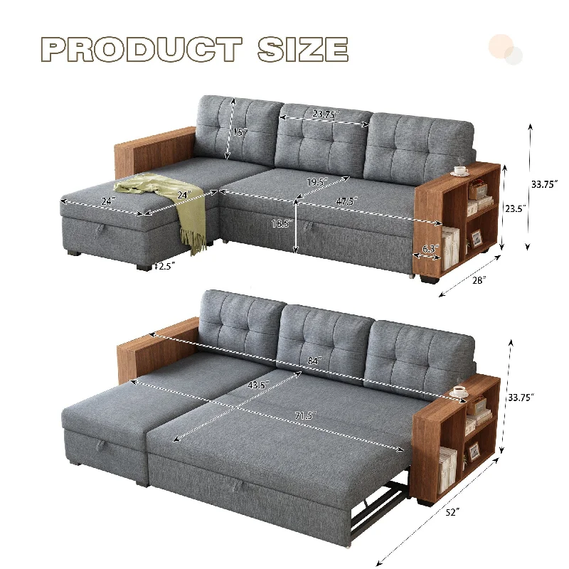 modular sofa with custom cushions -Upholstered Pull-Out Sectional Sofa with Storage Chaise and Wooden Handrail, Convertible Corner Couch