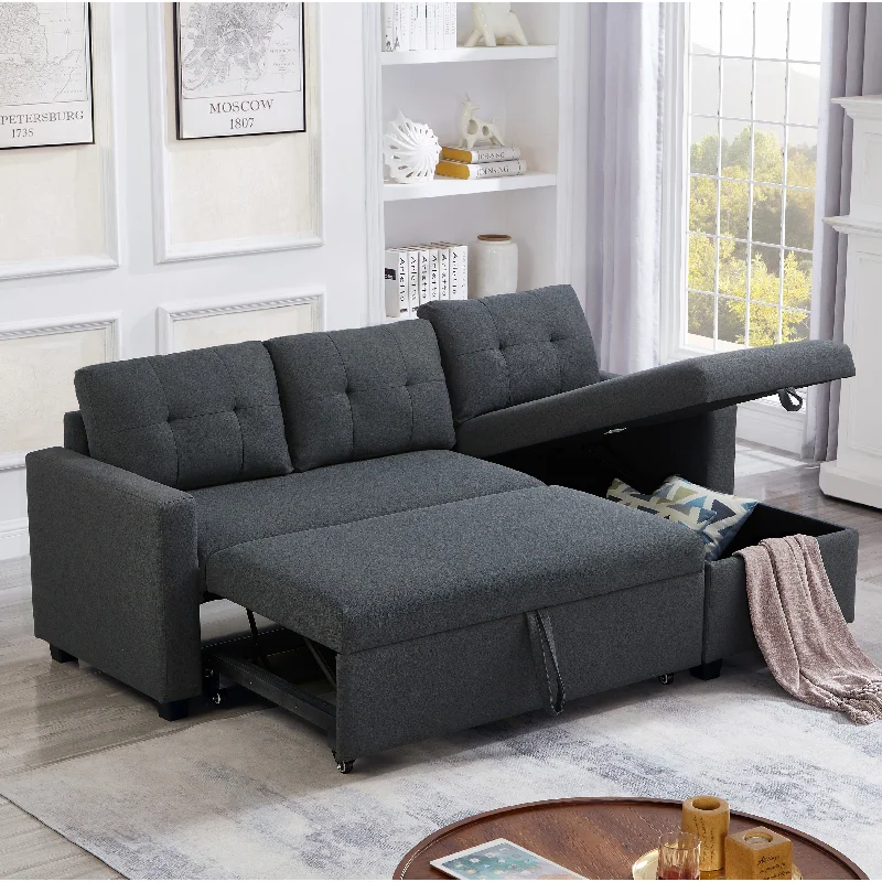 sofa for contemporary apartments -Upholstered Pull Out Sectional Sofa with Storage Chaise, Convertible Corner Couch