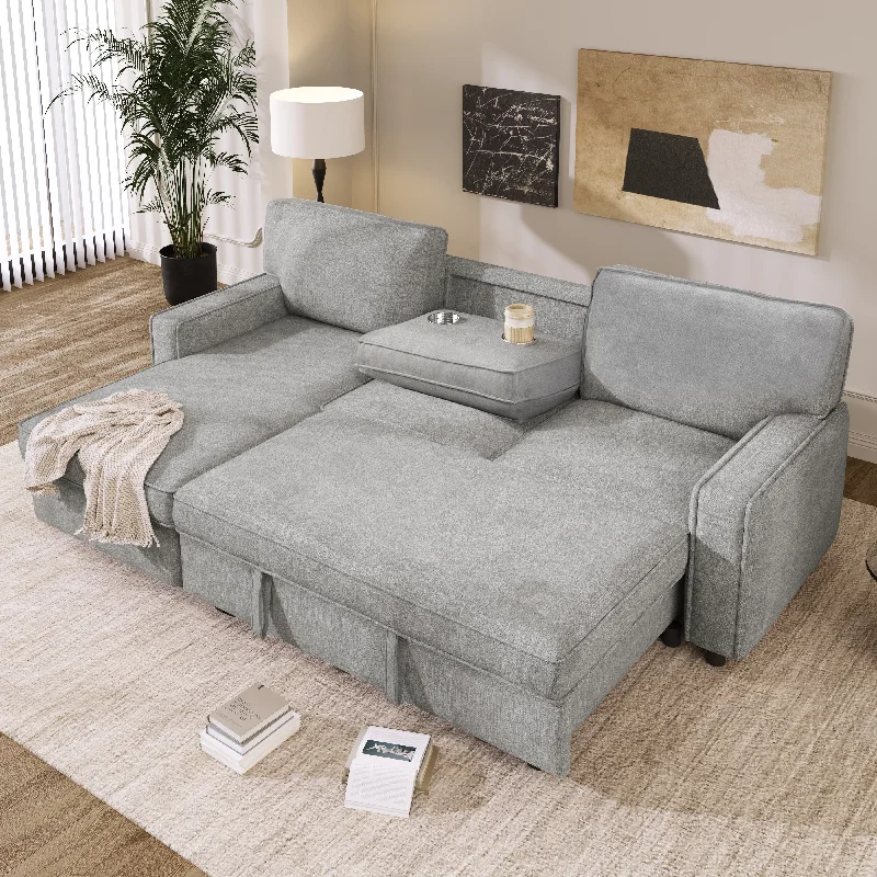 deep sofa with contemporary feel -Upholstery Sleeper Sectional Sofa with Storage Space, USB port, 2 cup holders on Back Cushions