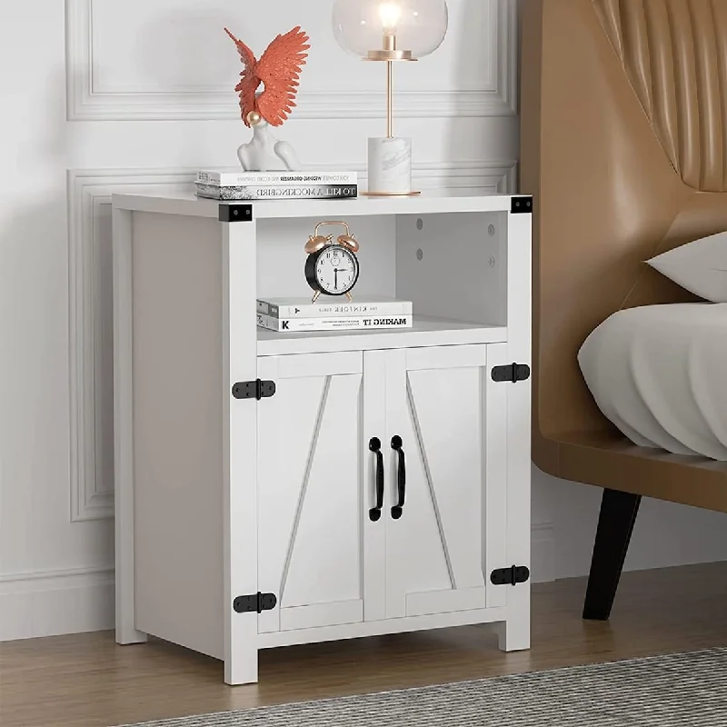 eco-friendly bed with recycled materials-White End Table Farmhouse Nightstand for Bedroom with Storage, White Bedside Table with Open Storage Drawer and Cabinet