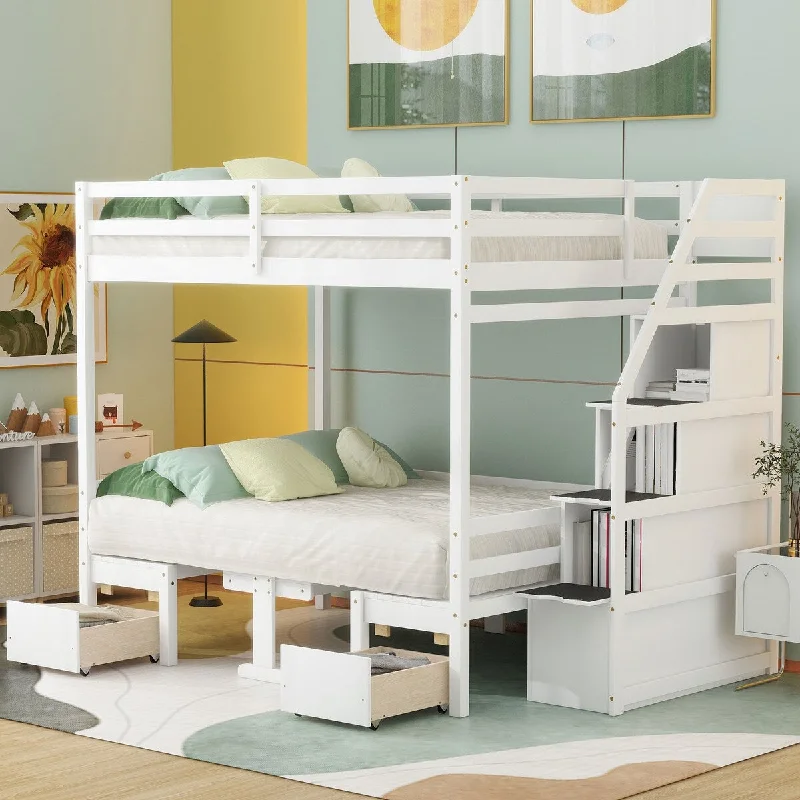 bed with smooth wood finish and elegant design-White Full over Full Bunk Down Bed Can be Convertible Seats&Table Set