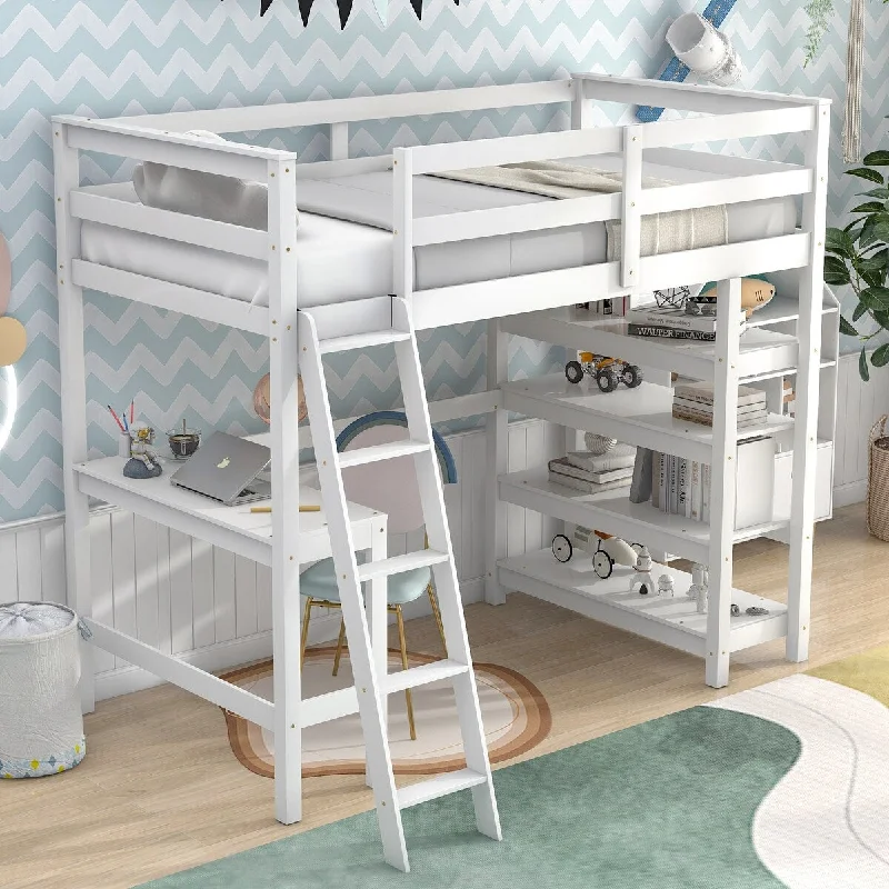 bed with removable parts for easy assembly-White Loft Storage Bed Twin Size with Ladder and Full-Length Guardrail