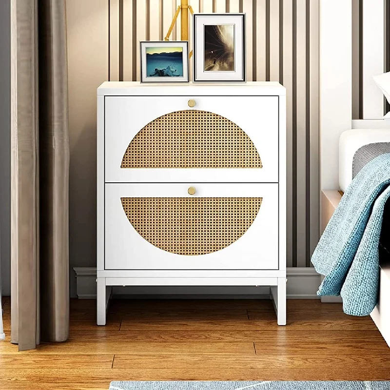 minimalist bed with simple frame-Wood&Rattan 2-Drawer Nightstand Modern White Bedside Table with Unique Semi-Circle Wicker Decor and Gold Knobs Elegant Sofa