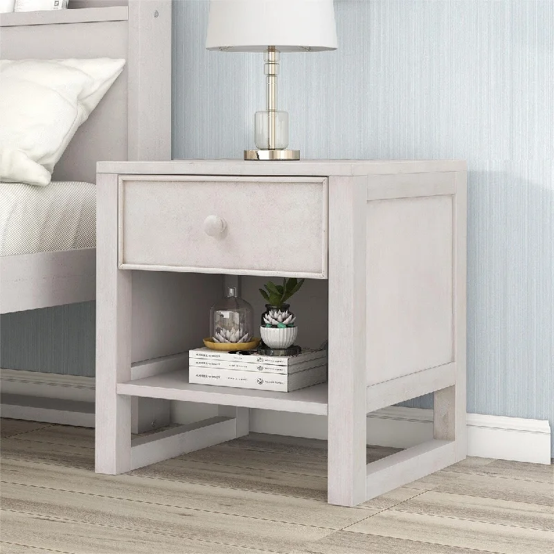 bed with built-in lighting for extra convenience-Wooden Nightstand with a Drawer and an Open Storage,End Table for Bedroom