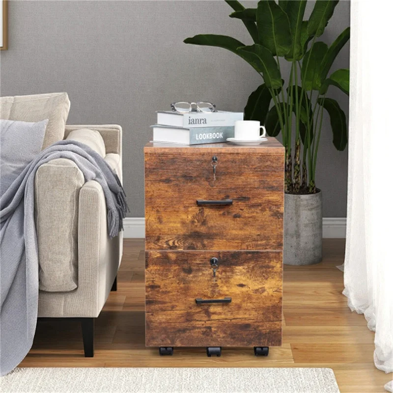 2-Drawer Rolling Wood File Cabinet with Lock