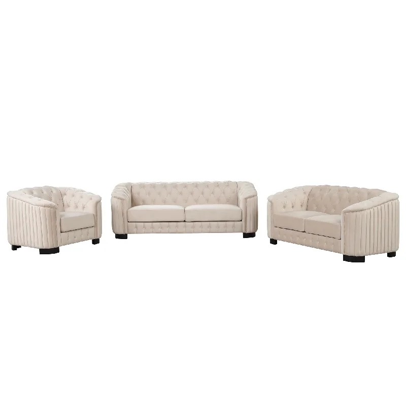 leather sectional sofa with plush seating -3 Piece Sofa Sets Modern With Rubber Wood Legs, Velvet Upholstered Couches Sets Including Three Seat Sofa, Loveseat And Single Chair For Living Room Furniture Set