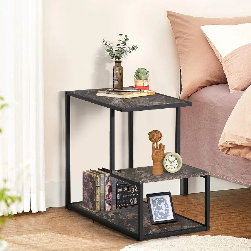 soft sectional sofa for family rooms -3-Tier Ladder Nightstand End Sofa Table with Storage Shelf, Marble Black