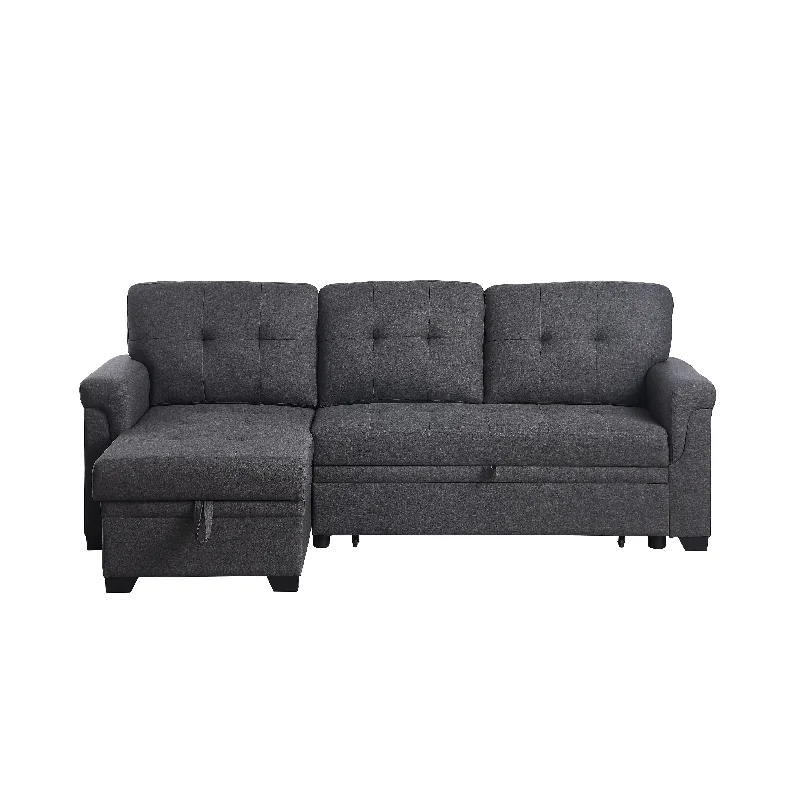 compact sofa for home office -84" Dark Gray Linen Reversible Sleeper Sectional Sofa with Storage Chaise and Tufted Cushions for Living Room