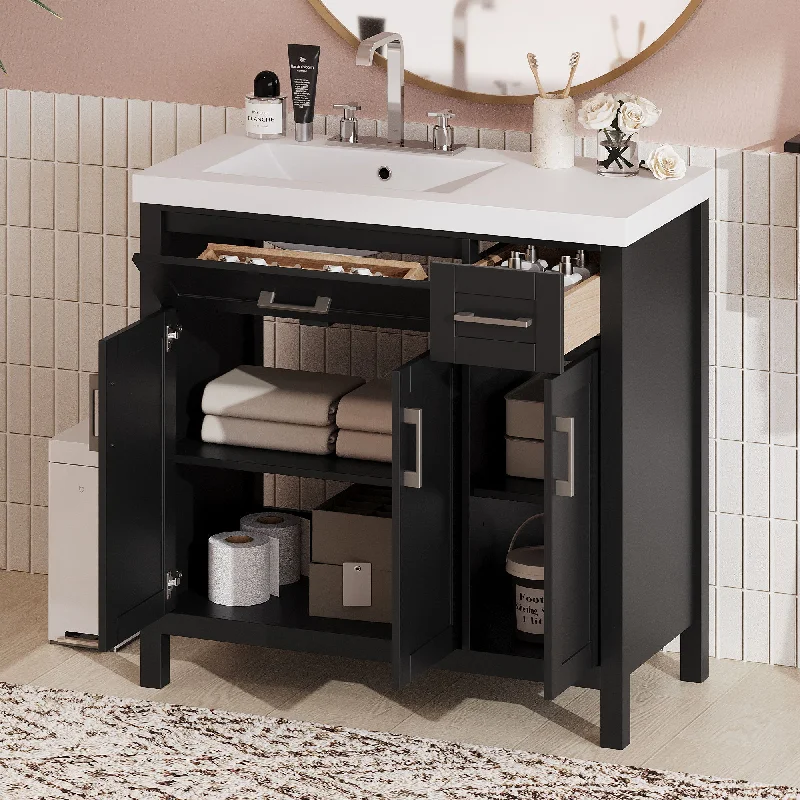 Bathroom Vanity Cabinet With Resin Integrated Sink - 2 Drawers, 3 Doors