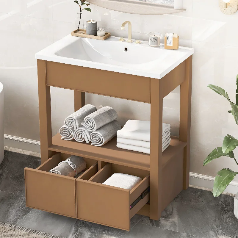 Bathroom Vanity With Sink Top, Bathroom Cabinet With Open Storage Shelf And Two Drawers - Brown