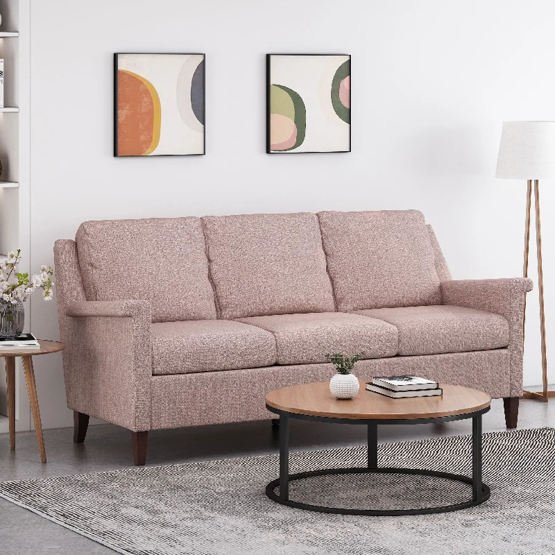 modern sofa for stylish living room -Comfy 3 Seat Sofa With Wooden Legs, For Living Room And Study - Light Pink