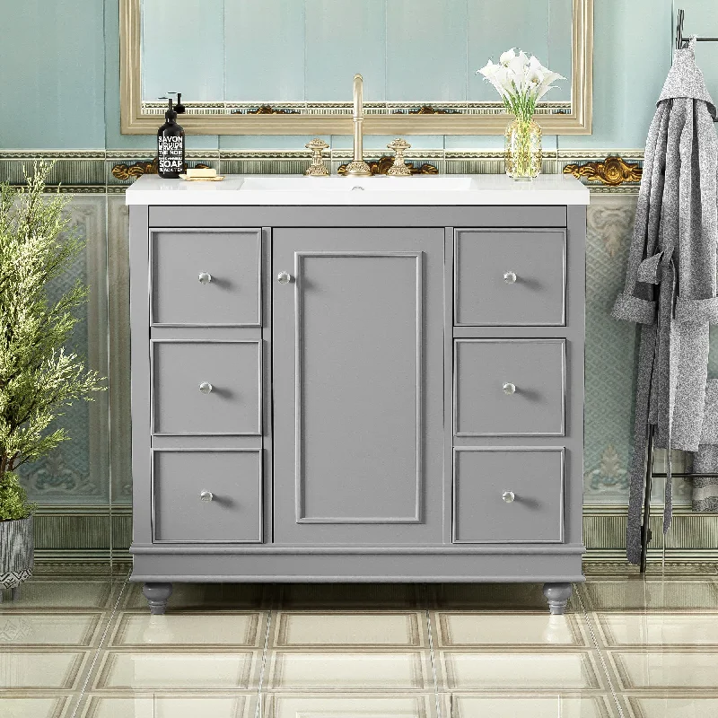 Contemporary Bathroom Vanity Cabinet, 4 Drawers & 1 Cabinet Door, Multipurpose Storage, Resin Integrated Sink, Adjustable Shelves, Solid Wood Frame With MDF