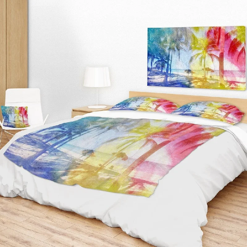 King size throw blanket-Designart 'Blue Retro Palm Trees' Landscape Painting Throw Blanket