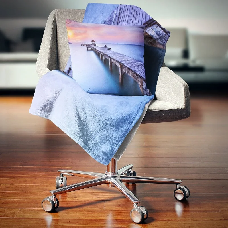 Reversible throw blanket-Designart 'Blue Wooden Bridge' Seascape Photography Throw Blanket