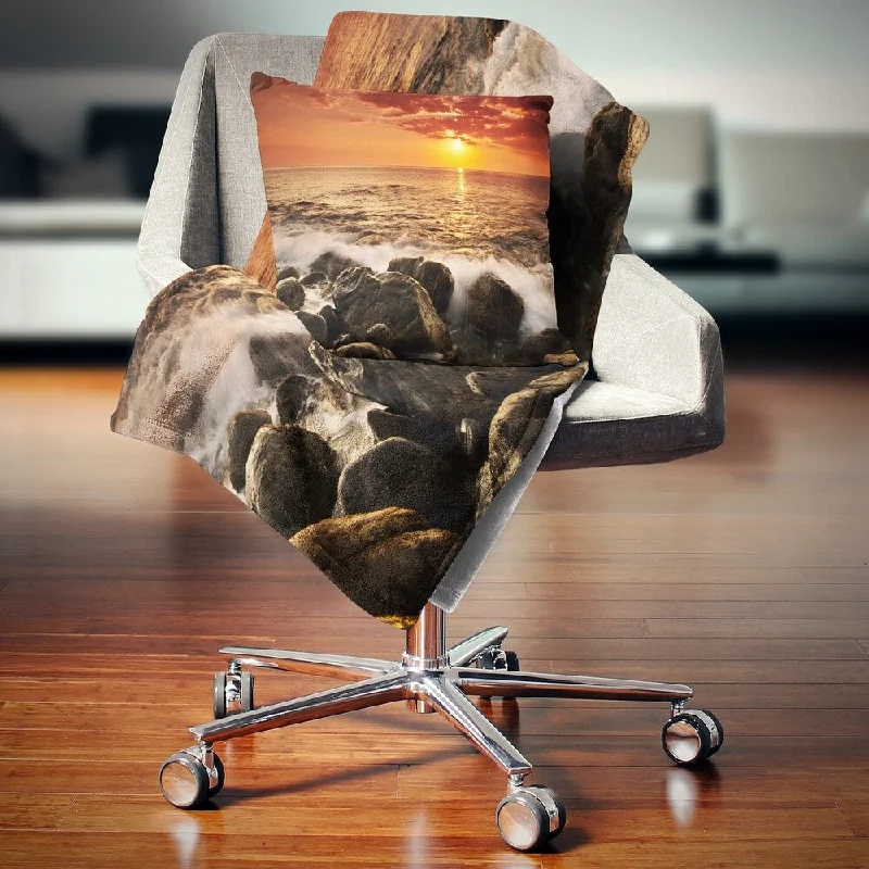 Vacation throw blanket-Designart 'Bright Sunset over Rocky Shore' Modern Seashore Throw Blanket