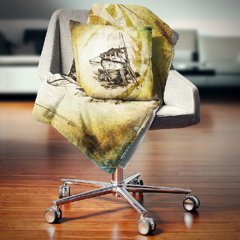 Formal throw blanket-Designart 'Drawing of Large Ancient Boat' Seashore Wall Throw Blanket