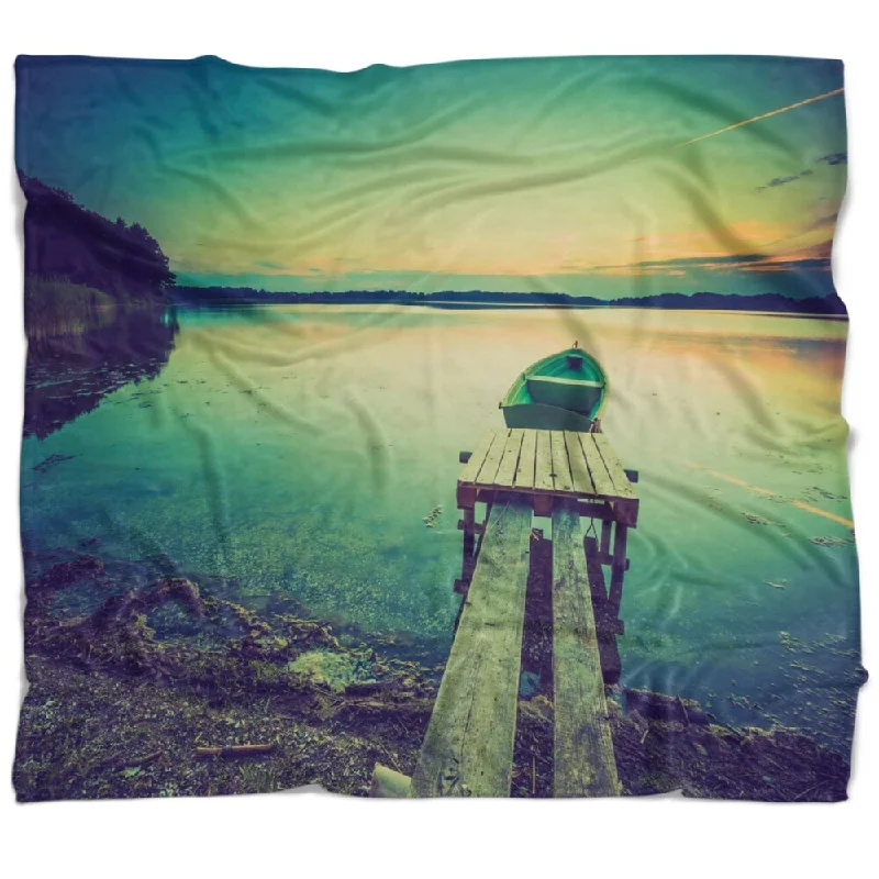 Quirky throw blanket-Designart 'Pier and Boat in Vintage Lake' Boat Throw Blanket