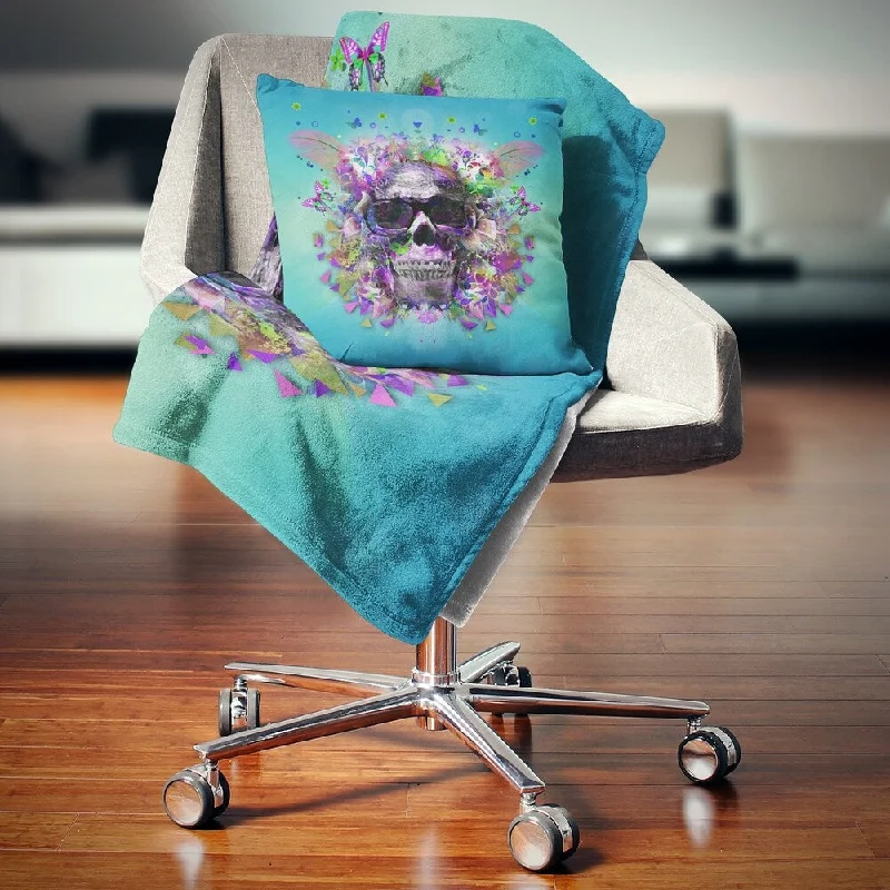 Plush everyday throw blanket-Designart 'Skull with Glasses and Butterflies' Abstract Throw Blanket